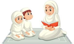 Arab muslim family in traditional clothing in praying position i